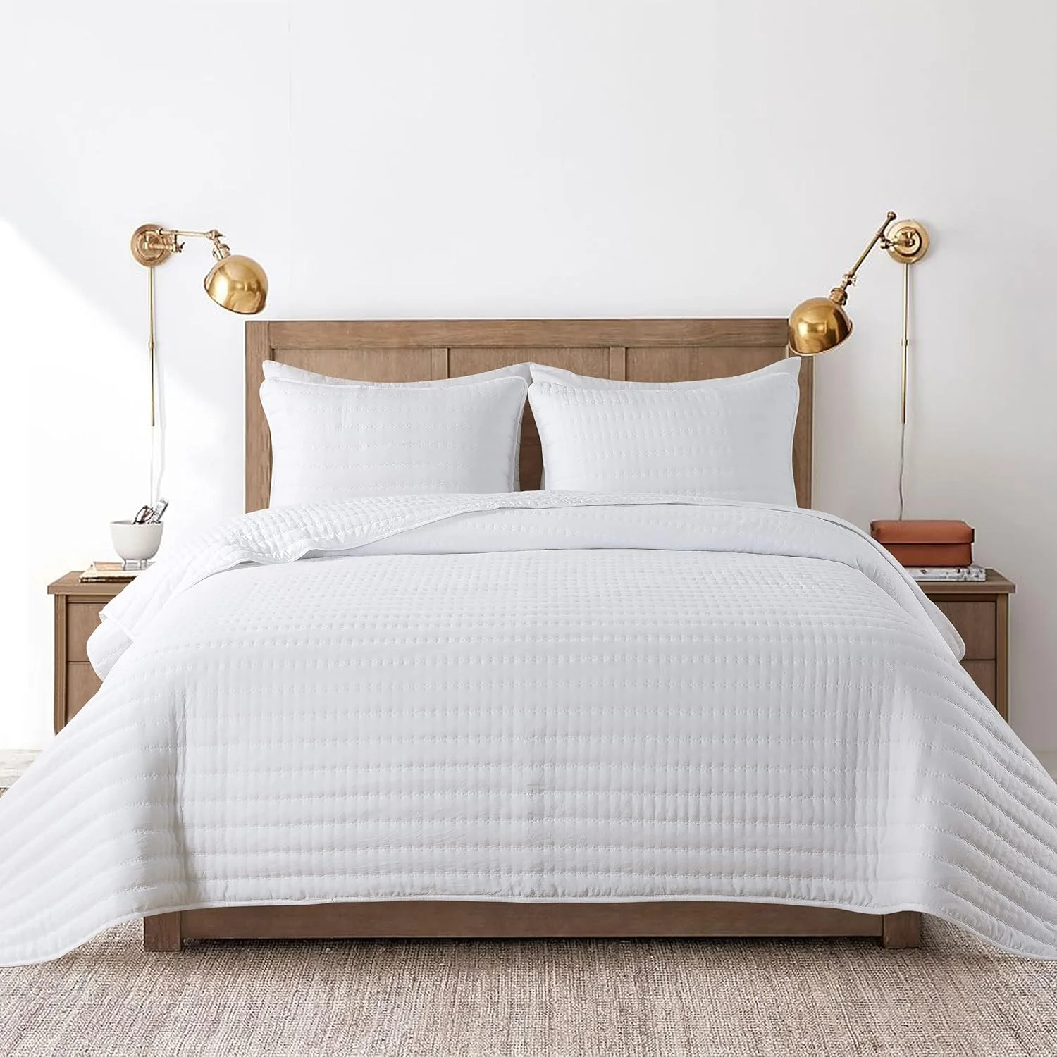 ست روتختی لحاف سفید کینگ سایز ROARINGWILD با روبالشی، رو تختی نرم و سبک وزن، لحاف نازک لحاف دوزی شده برای تمام فصل ها، 3 تکه، 264x228 سانتی متر