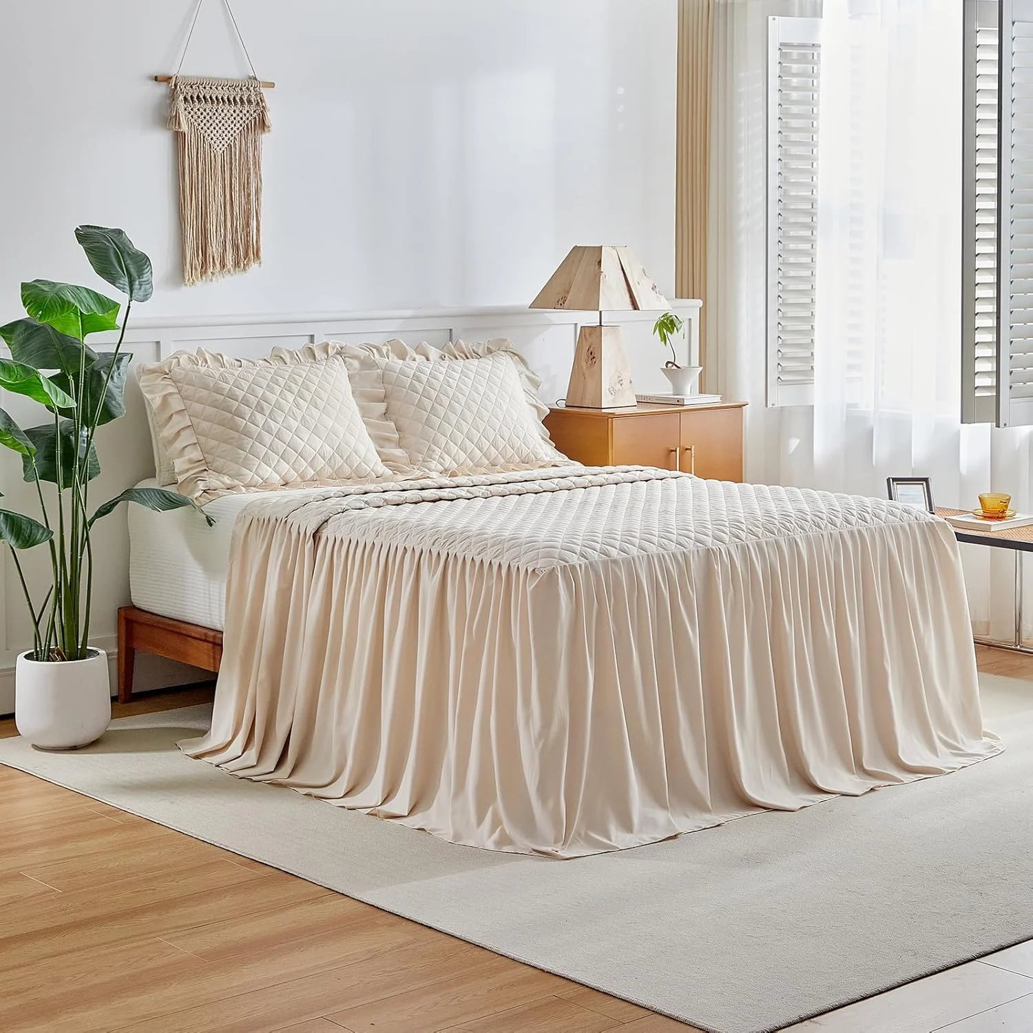 ست روتختی دامن چین دار - افتادگی 30 اینچی - رو تختی چین دار شیک و قدیمی به رنگ کرم سفید مناسب تابستان، لحاف، روتختی بوهو، سبک خانه روستایی، سبک وزن، لوکس و روستایی، ست 3 تکه سایز کوئین بژ