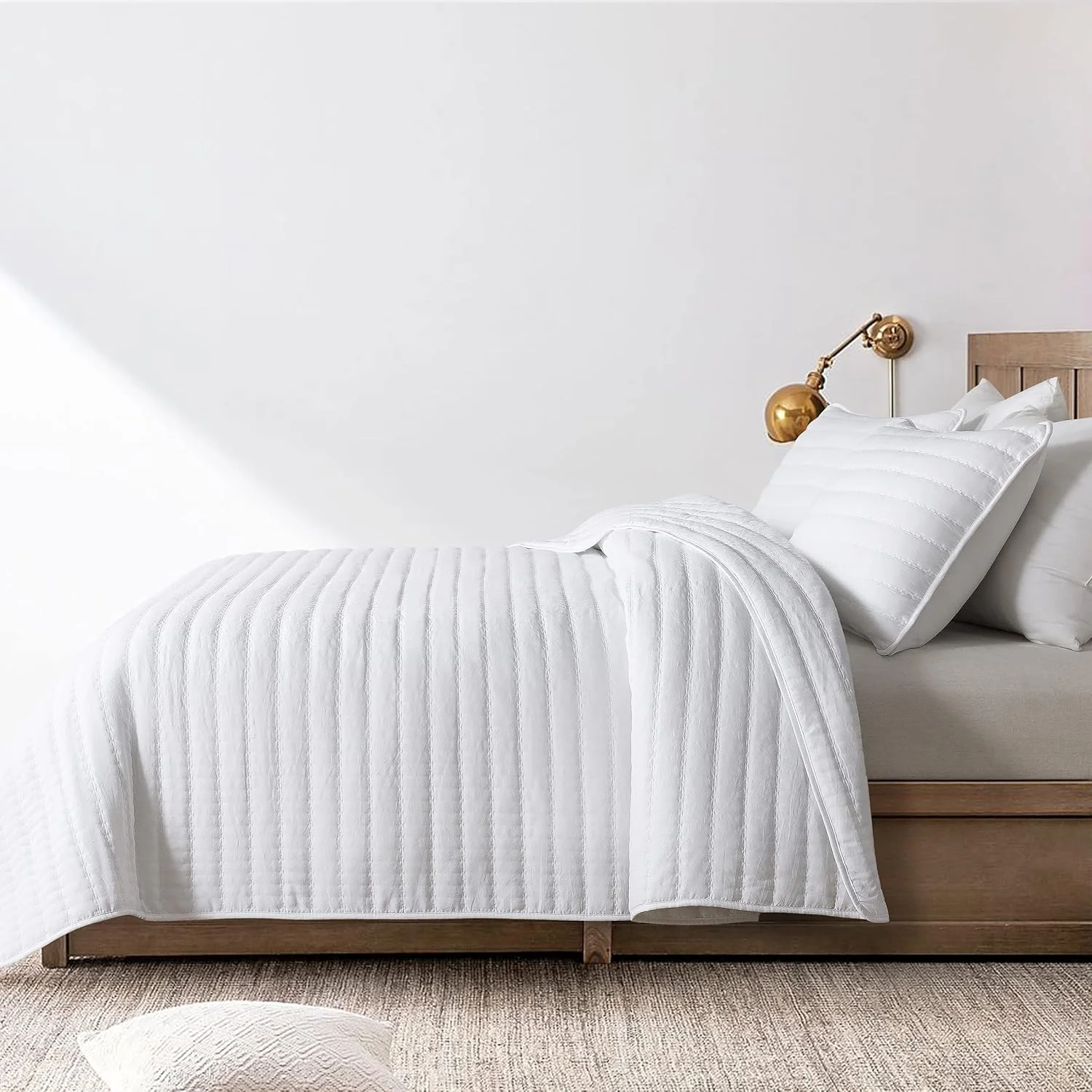 ست روتختی لحاف سفید کینگ سایز ROARINGWILD با روبالشی، رو تختی نرم و سبک وزن، لحاف نازک لحاف دوزی شده برای تمام فصل ها، 3 تکه، 264x228 سانتی متر