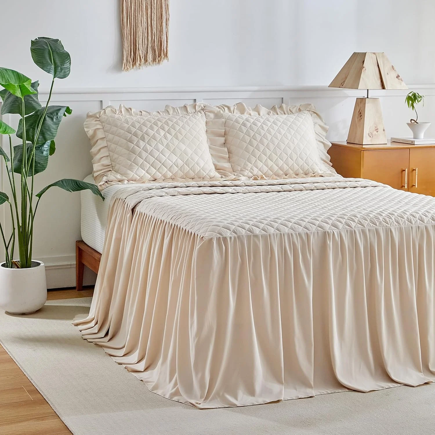 ست روتختی دامن چین دار - افتادگی 30 اینچی - رو تختی چین دار شیک و قدیمی به رنگ کرم سفید مناسب تابستان، لحاف، روتختی بوهو، سبک خانه روستایی، سبک وزن، لوکس و روستایی، ست 3 تکه سایز کوئین بژ