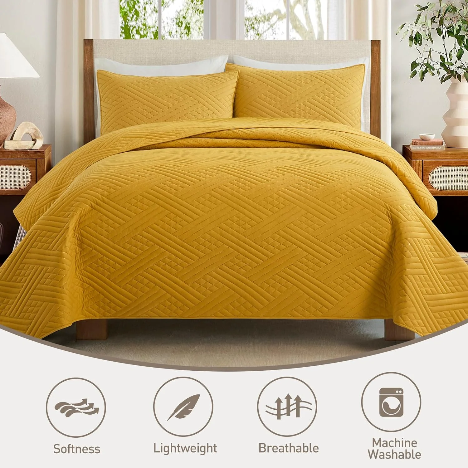 روتختی لحافی سافونوری سایز کینگ (270x244 سانتی متر، زرد خردلی) - ست کاور لحافی فوق العاده نرم و سبک وزن میکروفایبر برجسته التراسونیک مناسب فصل تابستان برای تخت کینگ - ست روتختی 3 تکه (1 لحاف، 2 روبالشی)
