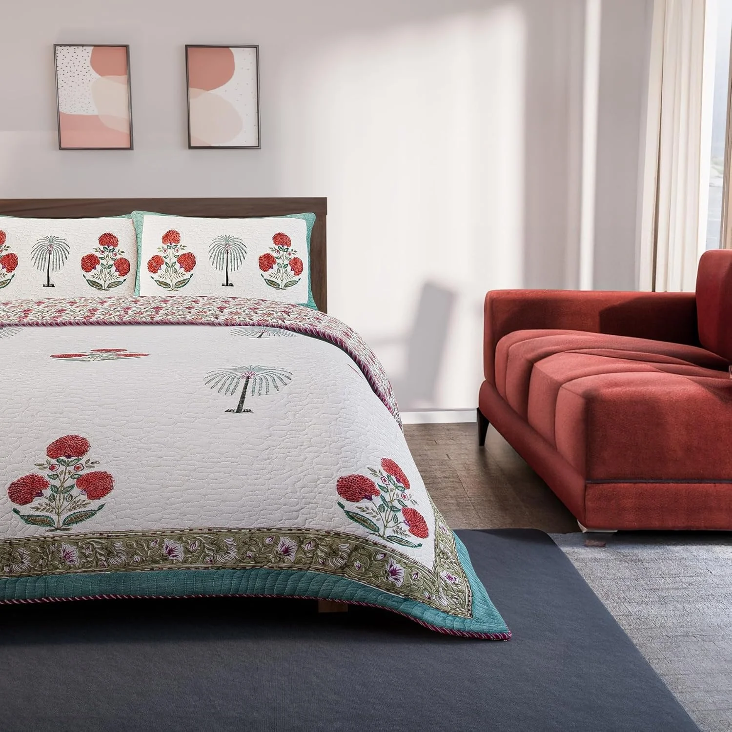 ست لحاف دو نفره ریدی - لحاف چاپی سبک وزن تابستانی - سایز روتختی قرمز و سبز - رو تختی مناسب تمام فصول شامل 1 لحاف، 1 رو بالشتی