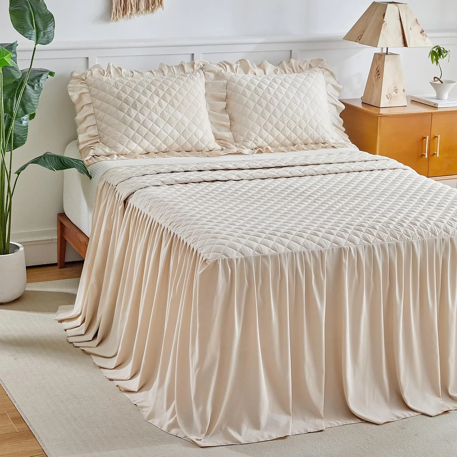 ست روتختی دامن چین دار - افتادگی 30 اینچی - رو تختی چین دار شیک و قدیمی به رنگ کرم سفید مناسب تابستان، لحاف، روتختی بوهو، سبک خانه روستایی، سبک وزن، لوکس و روستایی، ست 3 تکه سایز کوئین بژ