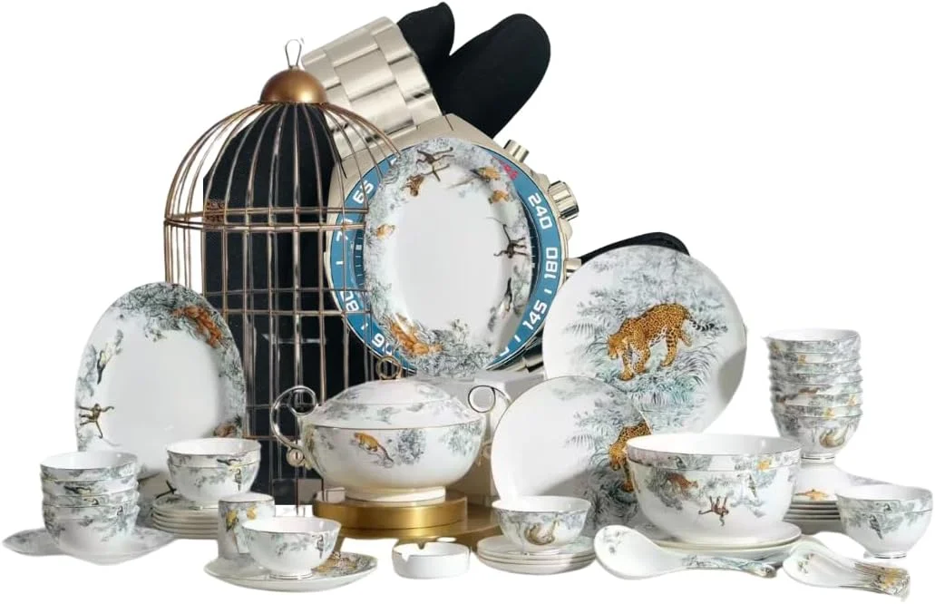 سرویس غذاخوری لوکس چینی با طرح ببر، ۵۶ پارچه، سفید و طلایی
