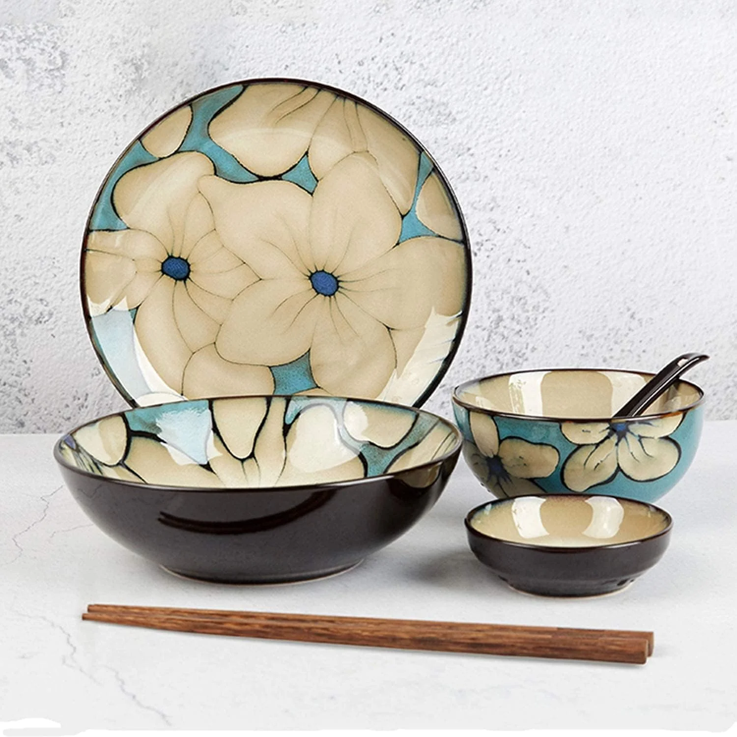 ست شام لوکس برای مهمانی یا عروسی، ست ظروف غذاخوری دست ساز شامل کاسه برنج، کاسه سوپ، بشقاب غذاخوری، بشقاب ماهی، ترکیبی از سرامیک خانگی برای 2 نفر