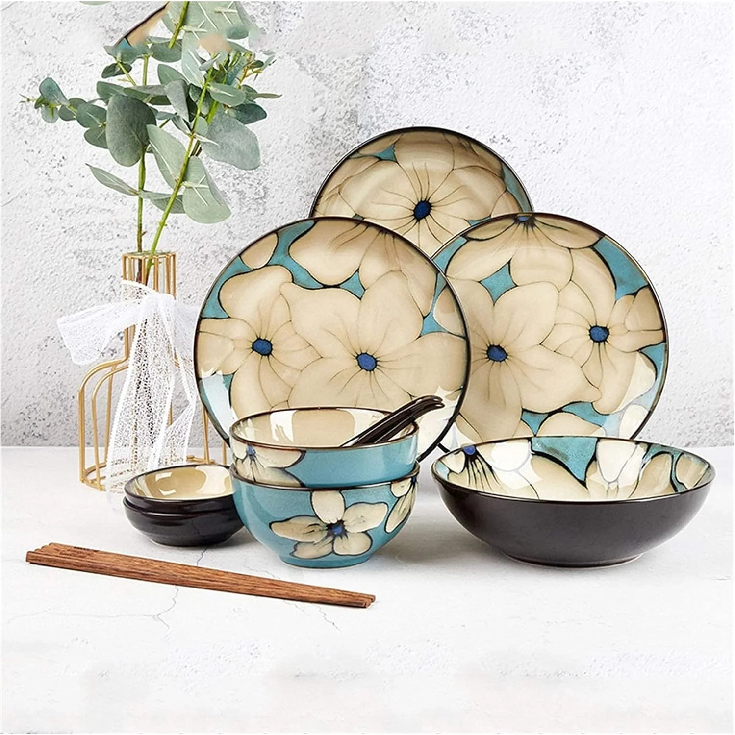 ست ظروف شام لوکس برای مهمانی یا مراسم خاص، ست ظروف غذاخوری دست ساز شامل کاسه برنج آبی، کاسه سوپ، بشقاب غذاخوری، بشقاب ماهی، ترکیبی از ظروف سرامیکی خانگی