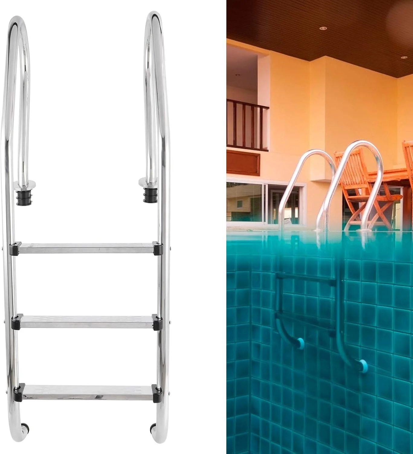 نردبان استخر، پدال 3 مرحله ای، ضد لغزش، فولاد ضد زنگ 304، تجهیزات ضد خوردگی
