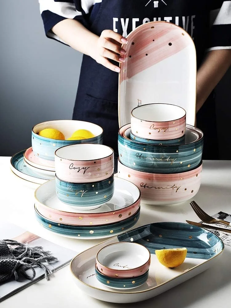 سرویس ظروف غذاخوری لوکس مدرن 48 پارچه، ست بشقاب و کاسه رنگارنگ مناسب برای 8 نفر، سبک وزن، نشکن و قابل شستشو در ماشین ظرفشویی