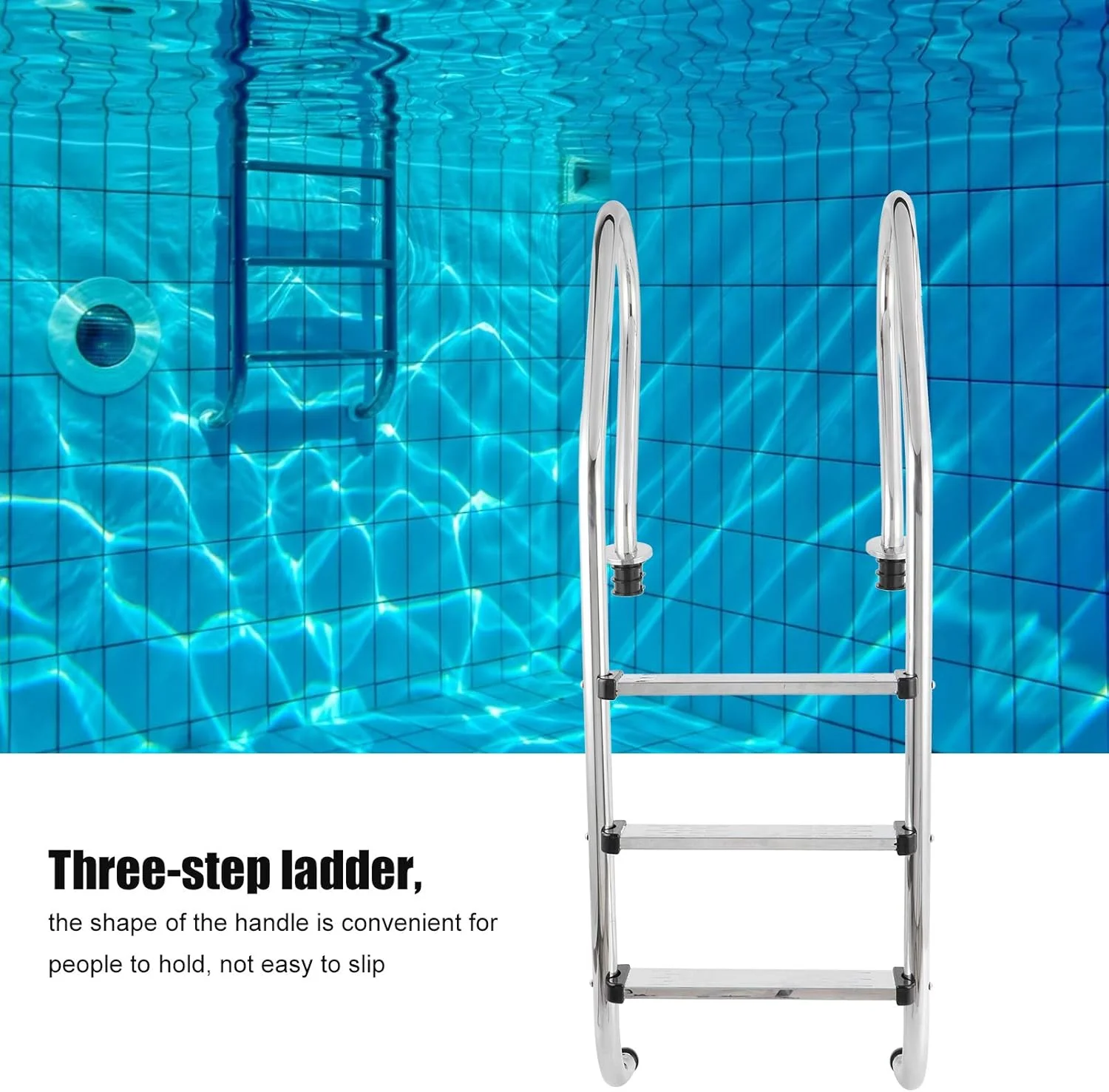 نردبان استخر، پدال 3 مرحله ای، ضد لغزش، فولاد ضد زنگ 304، تجهیزات ضد خوردگی