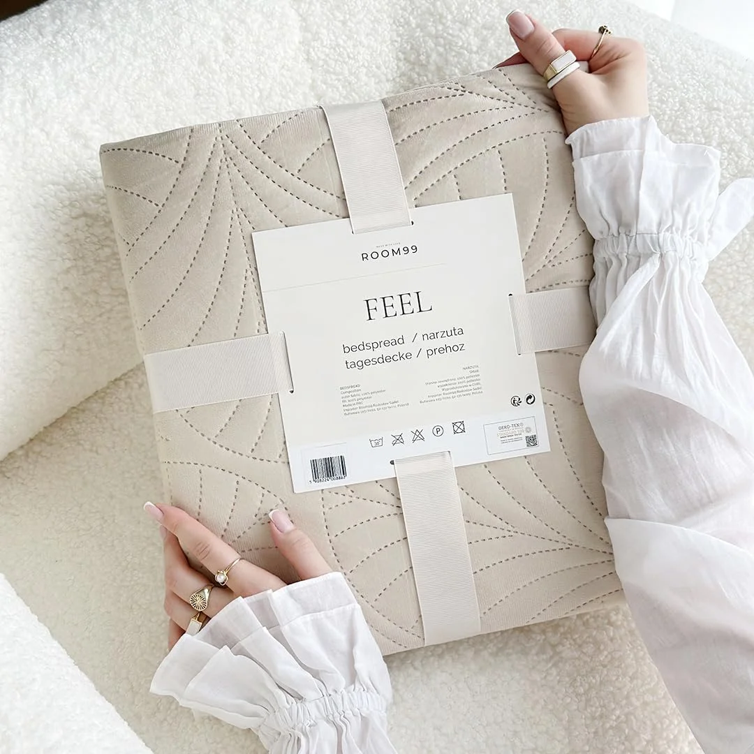 روتختی کرم رنگ Feel Elegant ROOM99 ابعاد 170 در 210 سانتی متر، پتوی چند منظوره به عنوان روتختی یا رو مبلی، مناسب برای تخت و مبل، سبک لحافی، ایده آل به عنوان روتختی مخملی