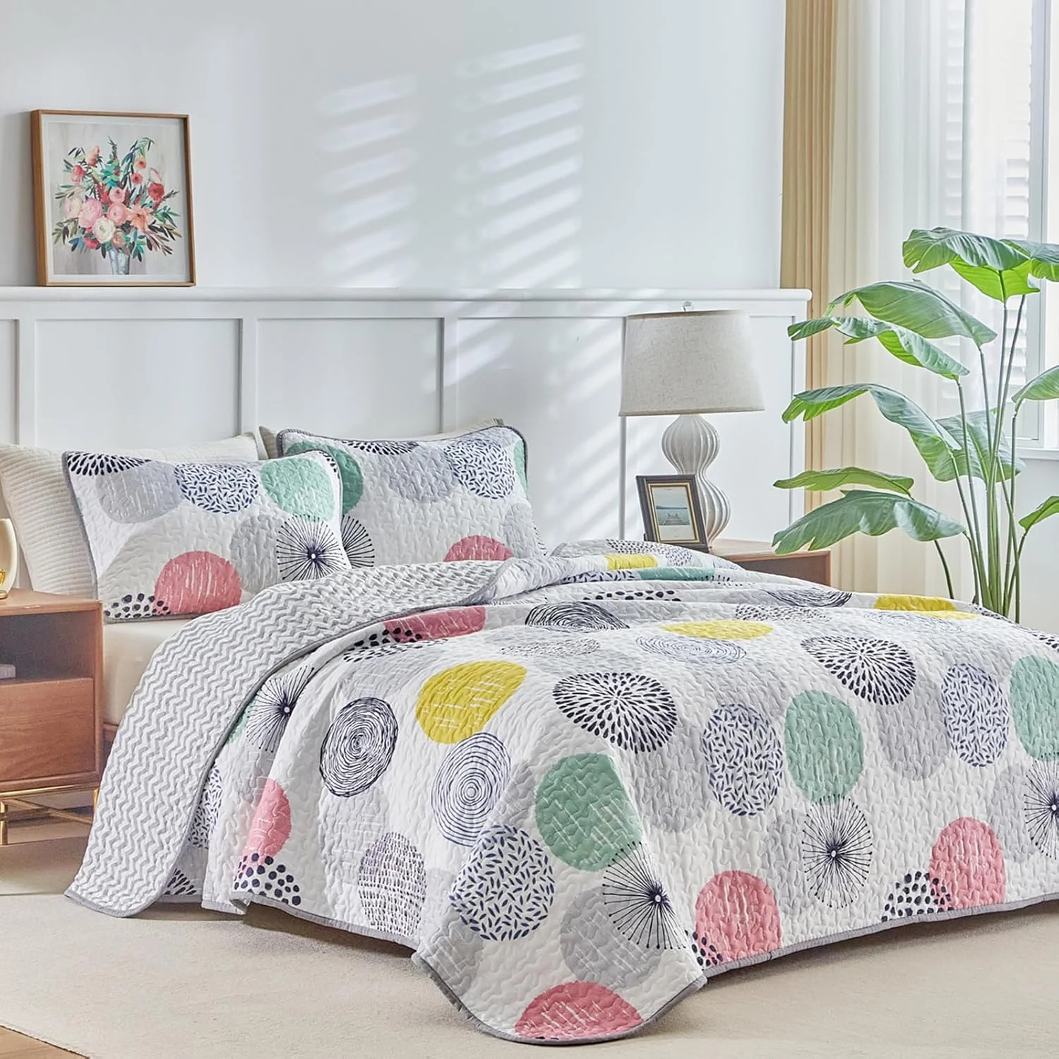 ست لحاف سه تکه برگشت پذیر Uozzi Bedding سایز کوئین 90x90، میکروفیبر نرم، سبک وزن، رو تختی، ست لحاف تابستانی، روکش تخت، پتوی مناسب تمام فصول، خال های رنگارنگ (1 لحاف + 2 روبالشی)