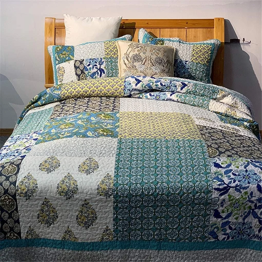 ست روتختی دو رو 3 تکه روتختی 230x250 سانتی متر با 2 رو بالشتی 51x76 سانتی متر پنبه ای طرح گلدار تکه دوزی روتختی برای تخت دو نفره