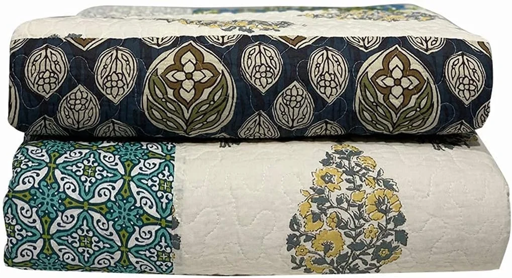 ست روتختی دو رو 3 تکه روتختی 230x250 سانتی متر با 2 رو بالشتی 51x76 سانتی متر پنبه ای طرح گلدار تکه دوزی روتختی برای تخت دو نفره