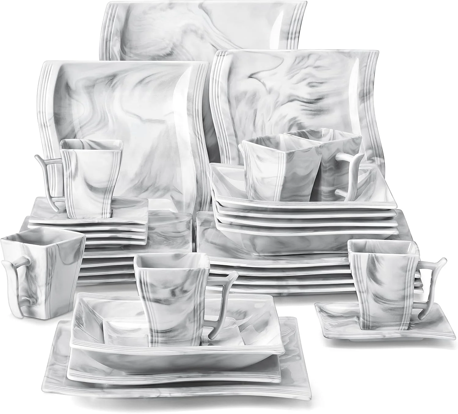 سرویس ظروف غذاخوری چینی مالاکاسا، 30 تکه طرح سنگ مرمر خاکستری، ظروف مربعی شامل بشقاب غذاخوری، بشقاب دسر، بشقاب سوپ، فنجان و نعلبکی، مناسب برای 6 نفر، سری Flora سرویس ظروف غذاخوری چینی مالاکاسا، 30 تکه طرح سنگ مرمر خاکستری، ظروف مربعی شامل بشقاب غذاخوری، بشقاب دسر، بشقاب سوپ، فنجان و نعلبکی، مناسب برای 6 نفر، سری Flora