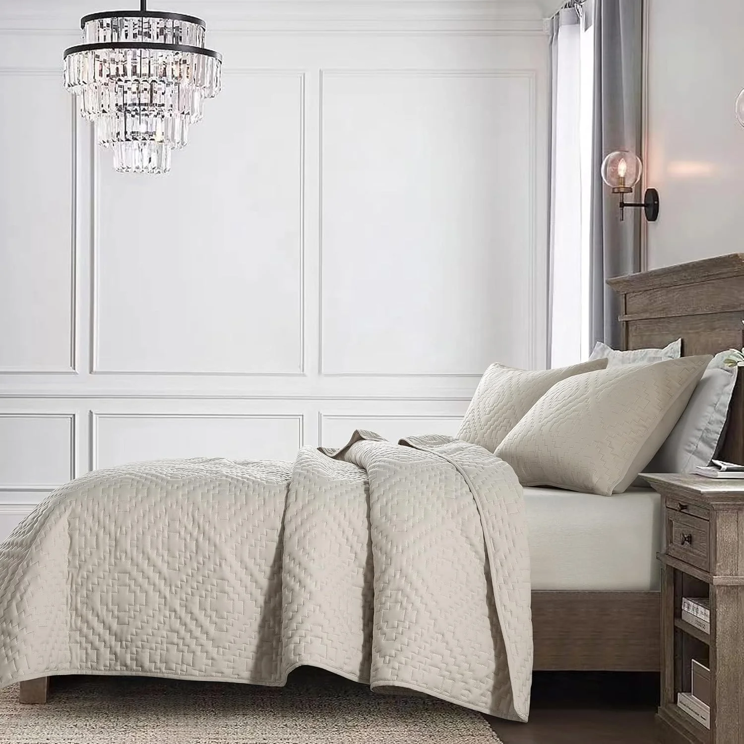 ست روتختی لحاف کرم بژ R.SHARE سایز کوئین با روبالشی، رو تختی نرم و سبک وزن بوهمی، پتوی لحافی نازک مناسب تمام فصول، 3 تکه، 90x90 اینچ