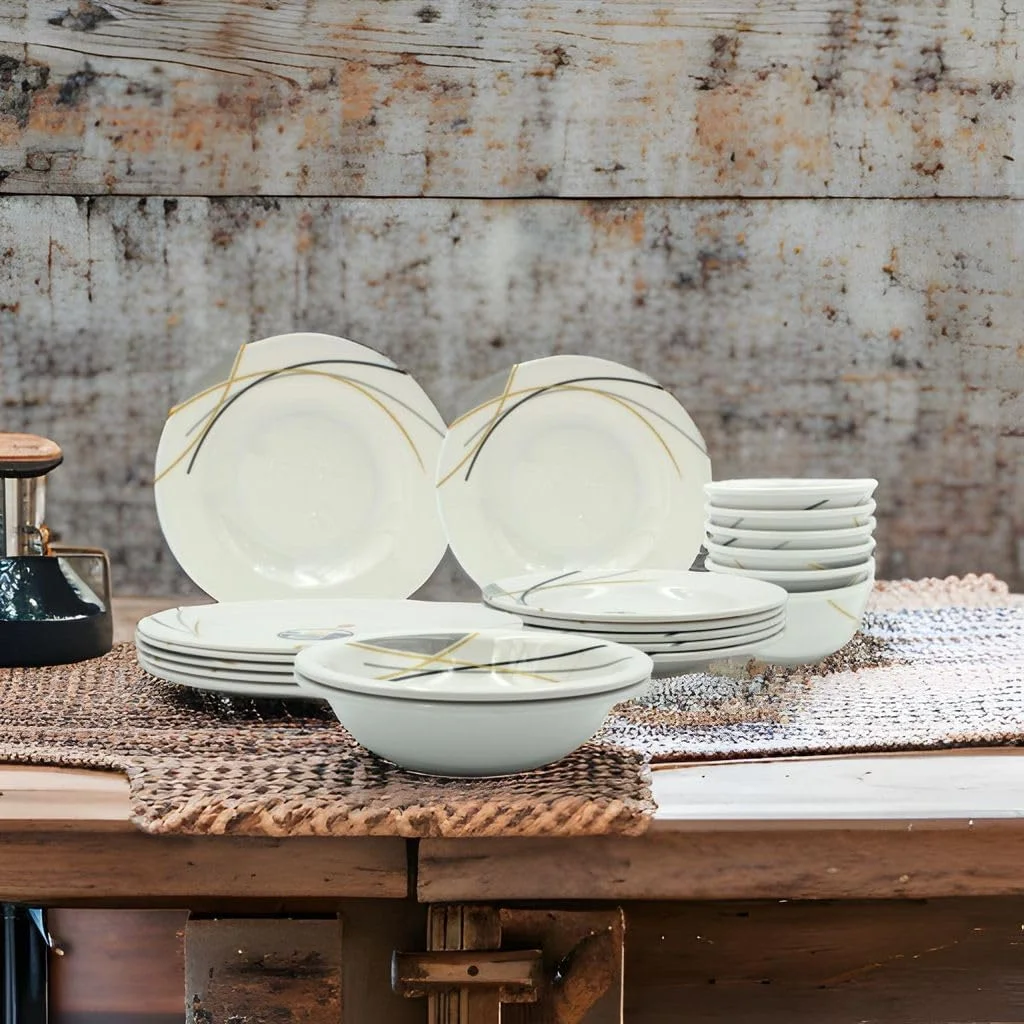 سرویس غذاخوری 20 پارچه ملامین طرح خط طلایی Melrich، ست بشقاب های بادوام، قابل شستشو در ماشین ظرفشویی، قوی و مقاوم سرویس غذاخوری 20 پارچه ملامین طرح خط طلایی Melrich، ست بشقاب های بادوام، قابل شستشو در ماشین ظرفشویی، قوی و مقاوم