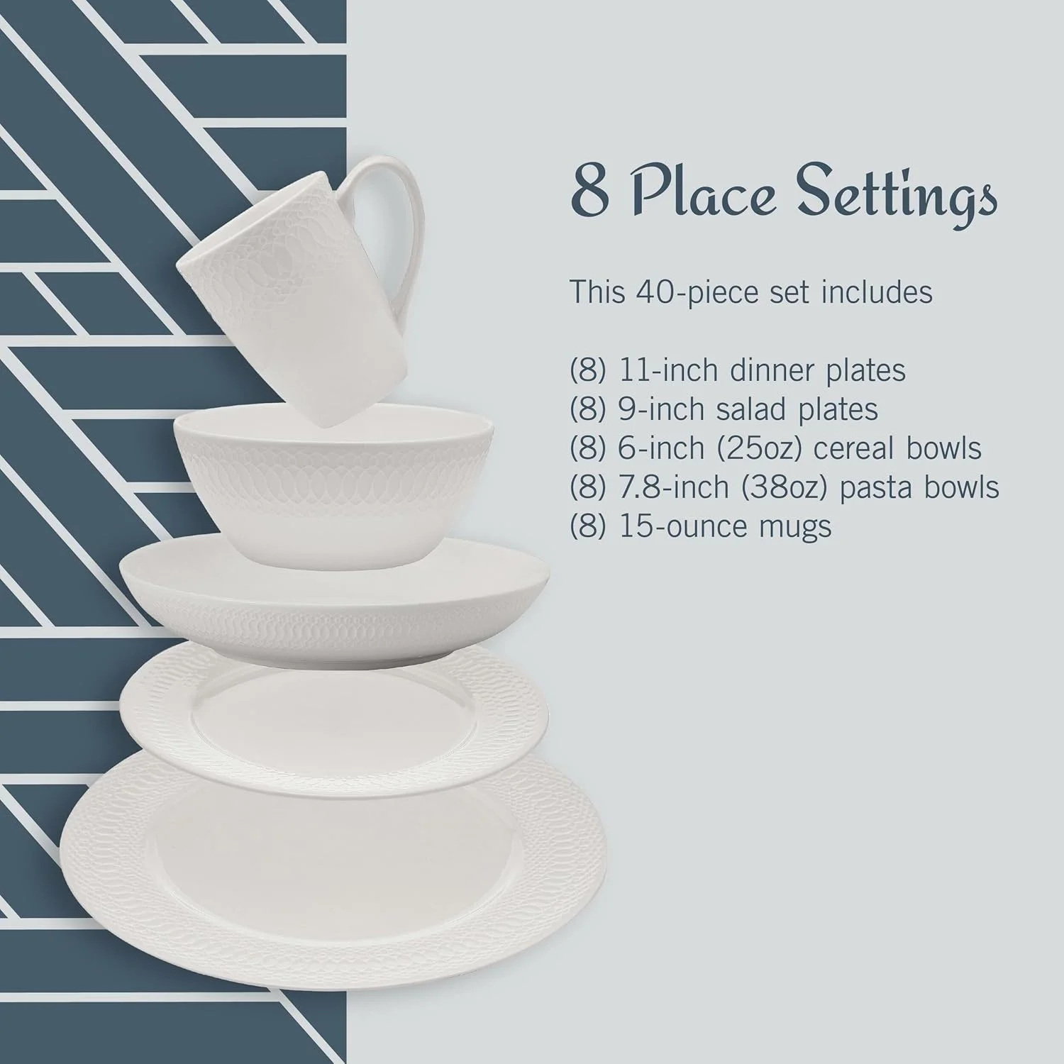 سرویس غذاخوری 40 پارچه چینی استخوانی میکاسا لوی، بشقاب و کاسه های برجسته، مقاوم در برابر لب پر شدن، سبک وزن، شیک و بادوام، مناسب برای 8 نفر، سفید سرویس غذاخوری 40 پارچه چینی استخوانی میکاسا لوی، بشقاب و کاسه های برجسته، مقاوم در برابر لب پر شدن، سبک وزن، شیک و بادوام، مناسب برای 8 نفر، سفید