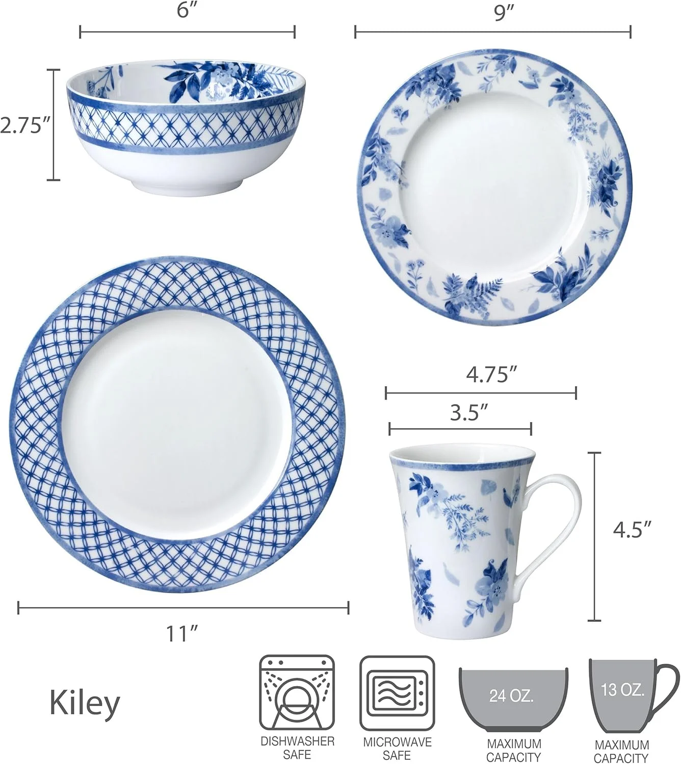 سرویس غذاخوری 16 پارچه مقاوم در برابر لب پر شدن میکاسا مدل Kiley، مناسب برای 4 نفر، آبی و سفید سرویس غذاخوری 16 پارچه مقاوم در برابر لب پر شدن میکاسا مدل Kiley، مناسب برای 4 نفر، آبی و سفید