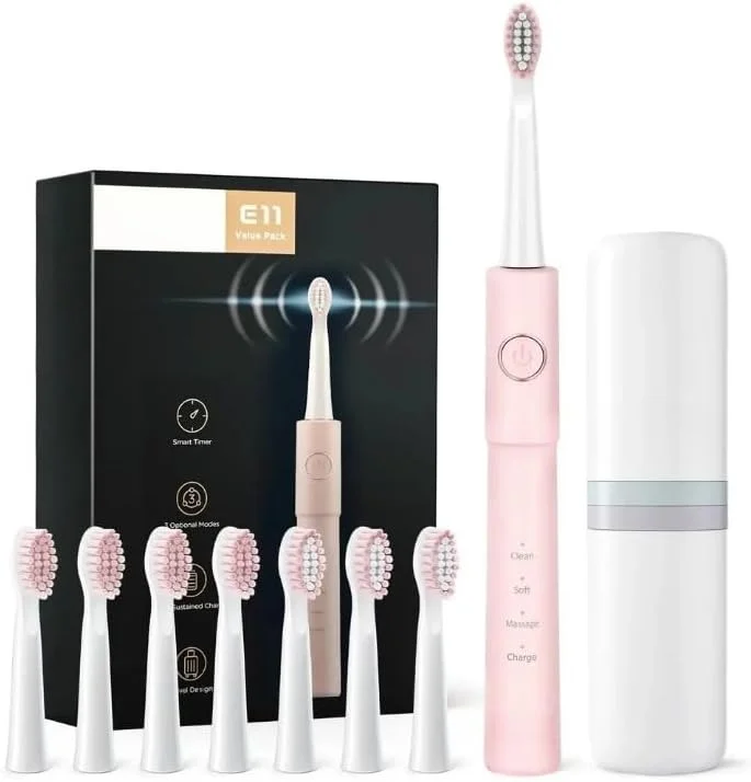 مسواک برقی E11 مشکی برای بزرگسالان، مسواک برقی صوتی قابل شارژ با 8 سری مسواک، 3 حالت و تایمر هوشمند 2 دقیقه ای (صورتی)