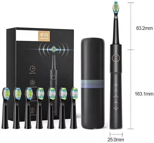 مسواک برقی E11 مشکی برای بزرگسالان، مسواک برقی صوتی قابل شارژ با 8 سری مسواک، 3 حالت و تایمر هوشمند 2 دقیقه ای (صورتی)