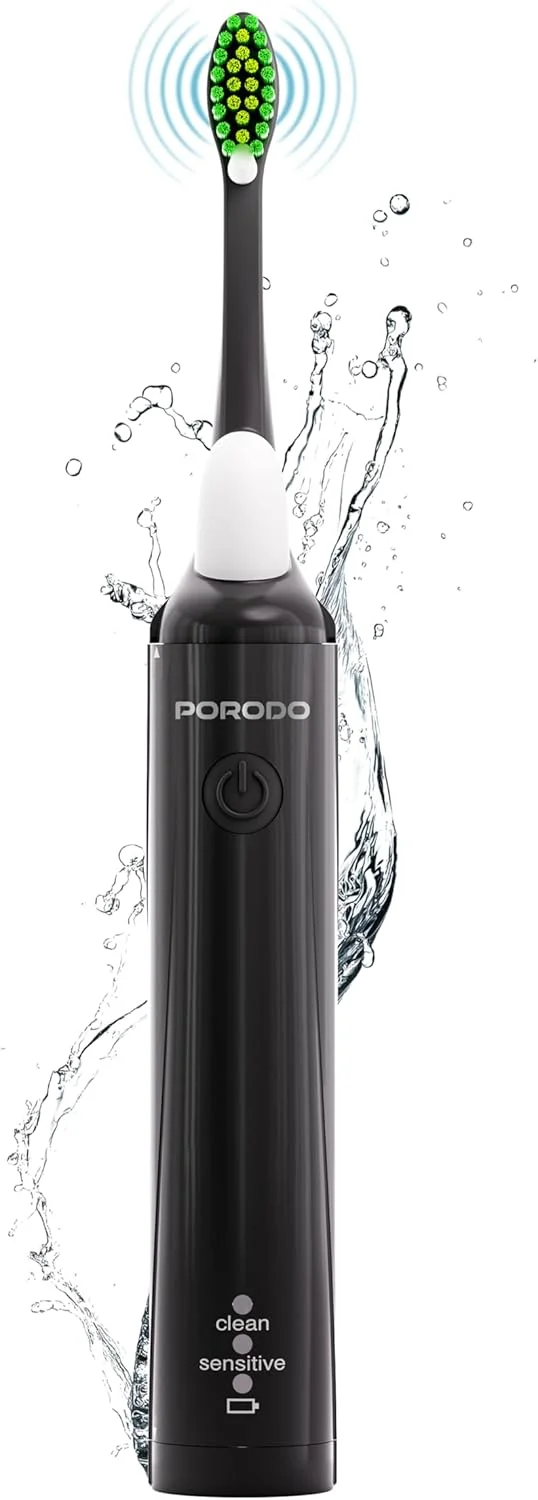 مسواک برقی شارژی Porodo Lifestyle، دارای دو حالت تمیز کردن، 18000 ضربه در دقیقه، مقاوم در برابر آب IPX7، 180 روز زمان کارکرد [با شارژ کامل]، ایده آل برای خانه و مسافرت (مشکی)