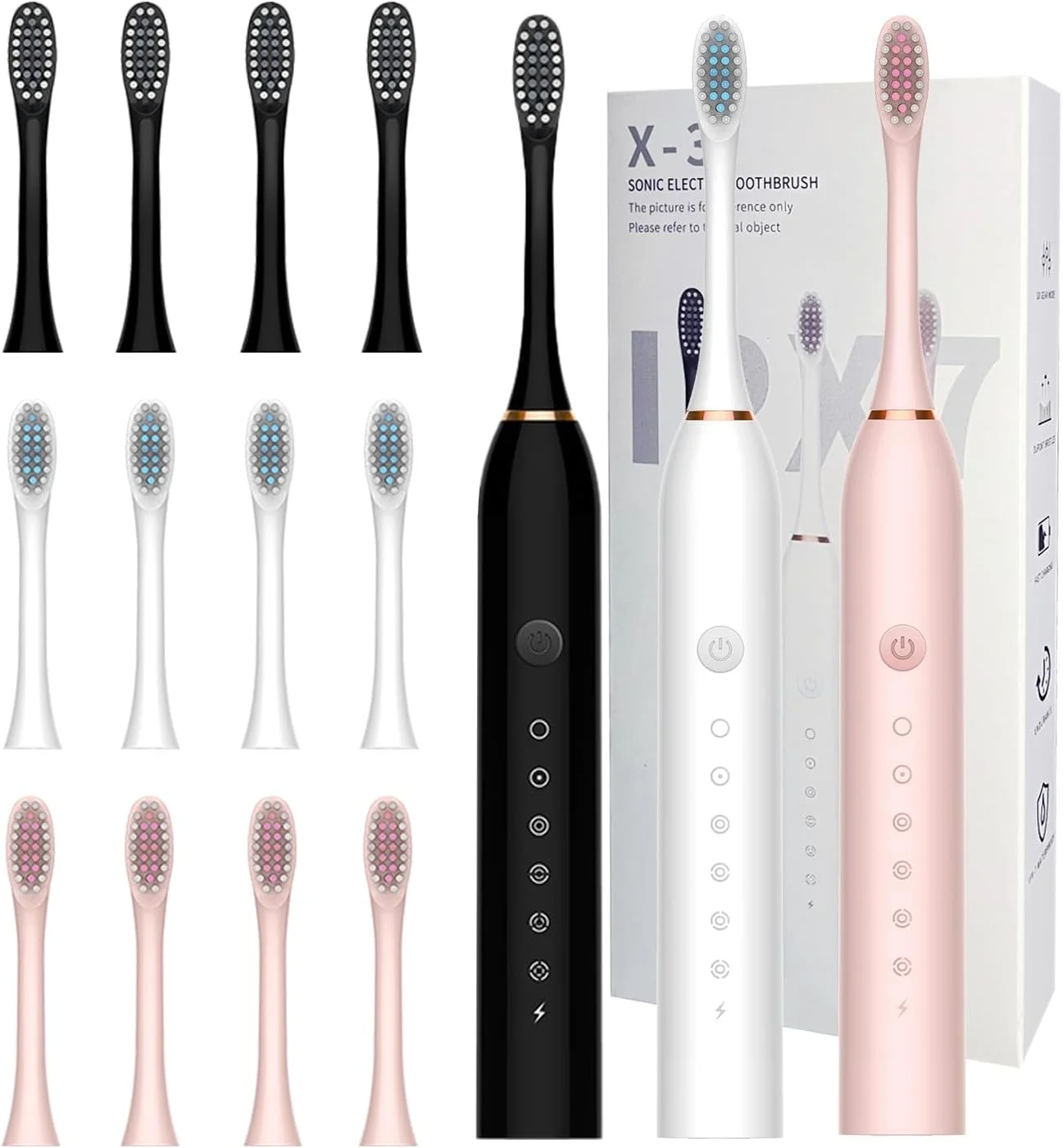 مسواک برقی MSETGRD بسته 3 عددی با 6 حالت، مسواک های قابل شارژ با 12 سری مسواک، شارژ سریع 2 دقیقه ای و تایمر 30 ثانیه ای