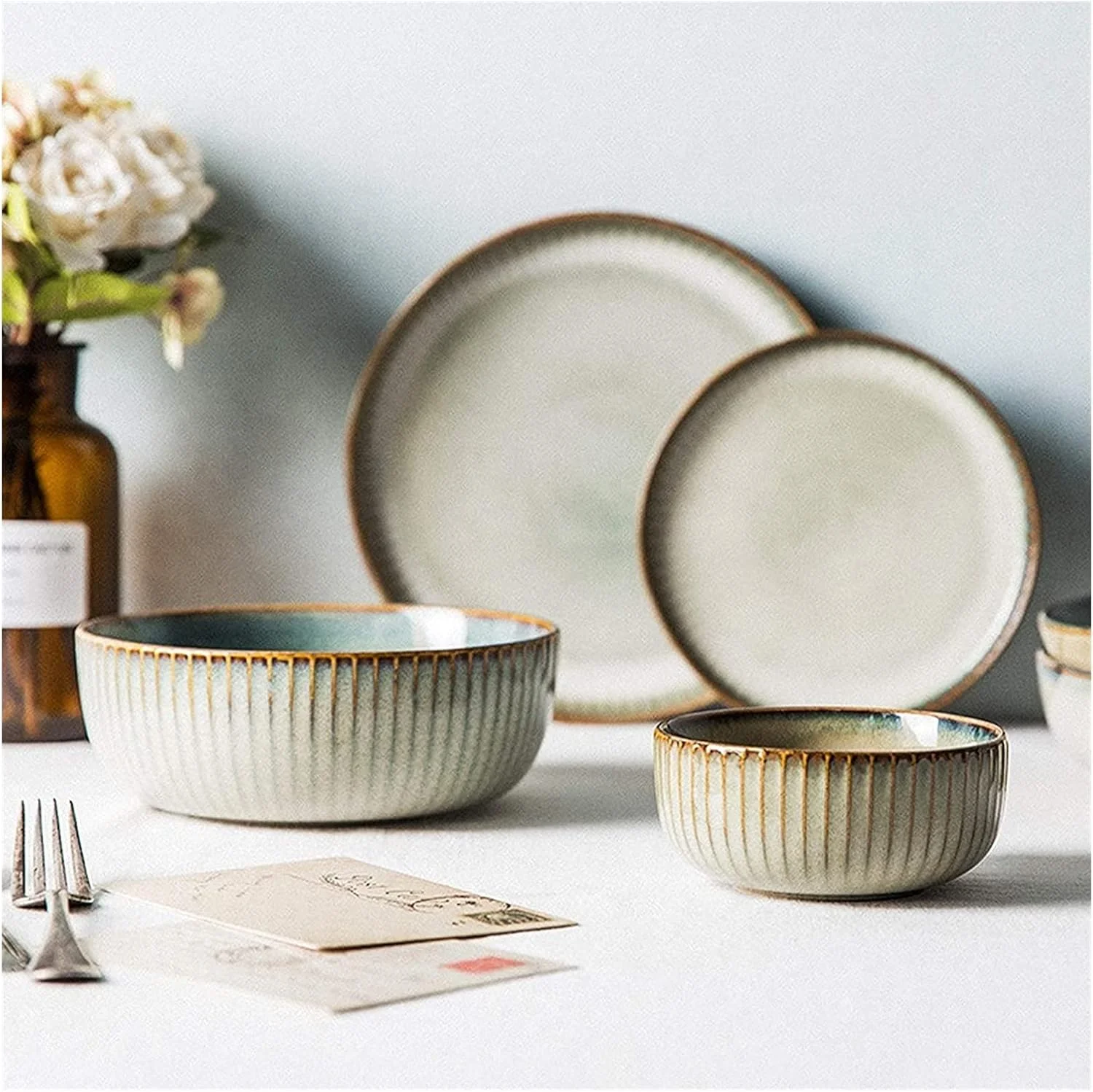 سرویس ظروف غذاخوری چینی، ست بشقاب و کاسه، سرویس ظروف غذاخوری چینی خلاقانه، کاسه های غلات با لعاب کوره ای رترو و ست بشقاب استیک | 20 تکه راه راه سرویس ظروف غذاخوری چینی، ست بشقاب و کاسه، سرویس ظروف غذاخوری چینی خلاقانه، کاسه های غلات با لعاب کوره ای رترو و ست بشقاب استیک | 20 تکه راه راه