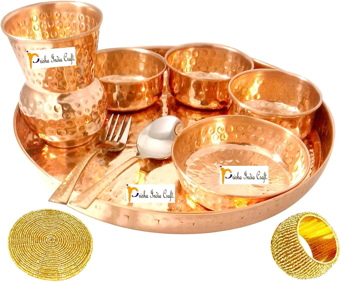 پریشا ایندیا کرافت ® سرویس غذاخوری هندی تالی مسی خالص، قطر 30 سانتی متر، سرویس غذاخوری سنتی شامل بشقاب، کاسه، قاشق، لیوان به همراه حلقه دستمال سفره و زیر لیوانی پریشا ایندیا کرافت ® سرویس غذاخوری هندی تالی مسی خالص، قطر 30 سانتی متر، سرویس غذاخوری سنتی شامل بشقاب، کاسه، قاشق، لیوان به همراه حلقه دستمال سفره و زیر لیوانی