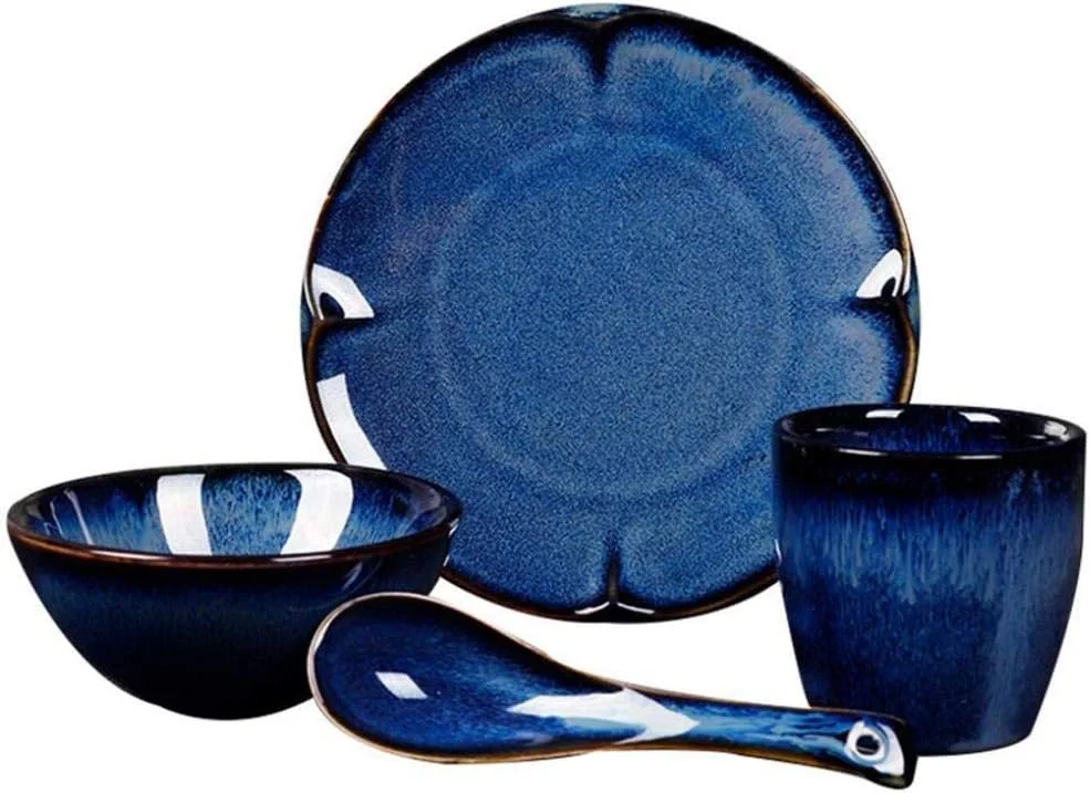 ظروف غذاخوری سفالی، ست ظروف غذاخوری ۱۶ تکه، ظروف چینی آبی رترو، ست کاسه، بشقاب، قاشق و لیوان سرامیکی مناسب برای ۴ نفر، دکور شیک ظروف غذاخوری سفالی، ست ظروف غذاخوری ۱۶ تکه، ظروف چینی آبی رترو، ست کاسه، بشقاب، قاشق و لیوان سرامیکی مناسب برای ۴ نفر، دکور شیک
