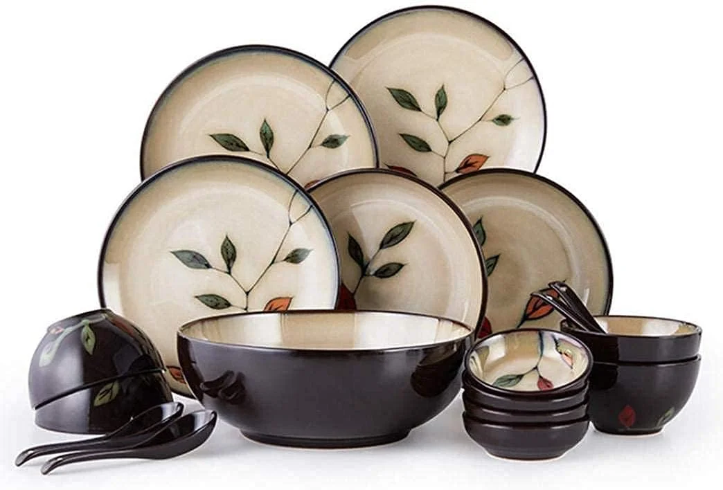 ظروف سفالی، ست ظروف غذاخوری چینی با طرح برگ های قدیمی و شیک، شامل 18 تکه بشقاب و کاسه ظروف سفالی، ست ظروف غذاخوری چینی با طرح برگ های قدیمی و شیک، شامل 18 تکه بشقاب و کاسه