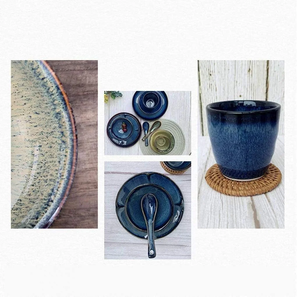 ظروف غذاخوری سفالی، ست ظروف غذاخوری ۱۶ تکه، ظروف چینی آبی رترو، ست کاسه، بشقاب، قاشق و لیوان سرامیکی مناسب برای ۴ نفر، دکور شیک ظروف غذاخوری سفالی، ست ظروف غذاخوری ۱۶ تکه، ظروف چینی آبی رترو، ست کاسه، بشقاب، قاشق و لیوان سرامیکی مناسب برای ۴ نفر، دکور شیک