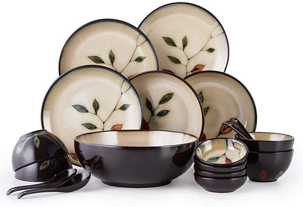 ست ظروف سفالی شام، ظروف غذاخوری طرح برگ قدیمی، ست ظروف چینی 18 تکه شامل بشقاب و کاسه ست ظروف سفالی شام، ظروف غذاخوری طرح برگ قدیمی، ست ظروف چینی 18 تکه شامل بشقاب و کاسه