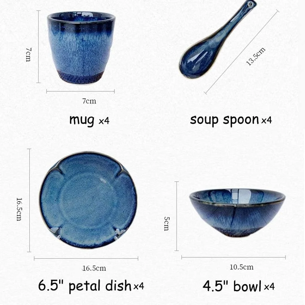 ظروف غذاخوری سفالی، ست ظروف غذاخوری ۱۶ تکه، ظروف چینی آبی رترو، ست کاسه، بشقاب، قاشق و لیوان سرامیکی مناسب برای ۴ نفر، دکور شیک ظروف غذاخوری سفالی، ست ظروف غذاخوری ۱۶ تکه، ظروف چینی آبی رترو، ست کاسه، بشقاب، قاشق و لیوان سرامیکی مناسب برای ۴ نفر، دکور شیک