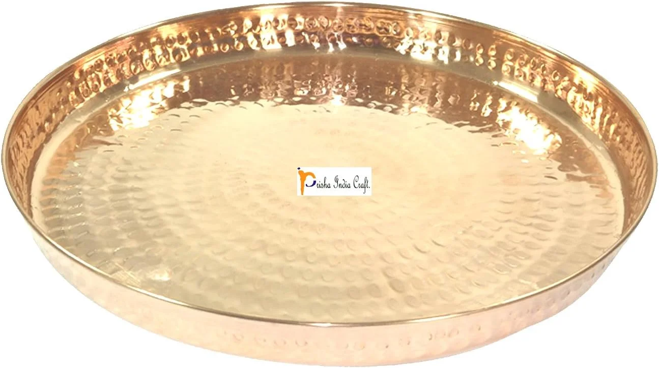 سینی مسی خالص پریشا ایندیا کرافت شامل بشقاب، کاسه، قاشق، چنگال، لیوان، سایز 12 اینچ