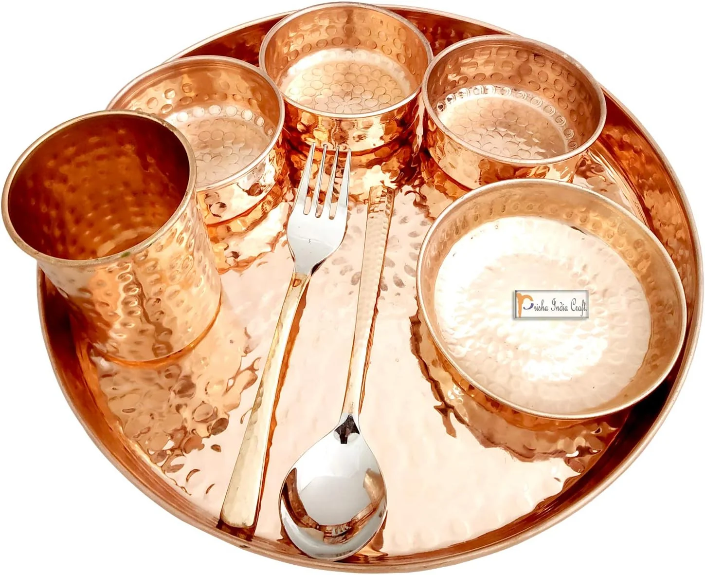 سینی مسی خالص پریشا ایندیا کرافت شامل بشقاب، کاسه، قاشق، چنگال، لیوان، سایز 12 اینچ