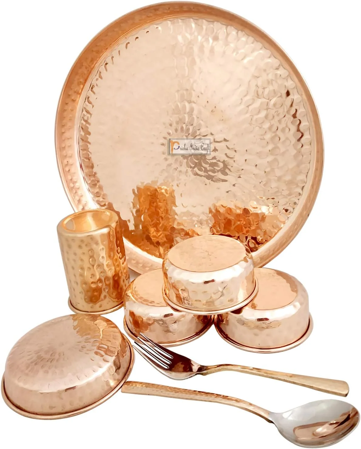 سینی مسی خالص پریشا ایندیا کرافت شامل بشقاب، کاسه، قاشق، چنگال، لیوان، سایز 12 اینچ
