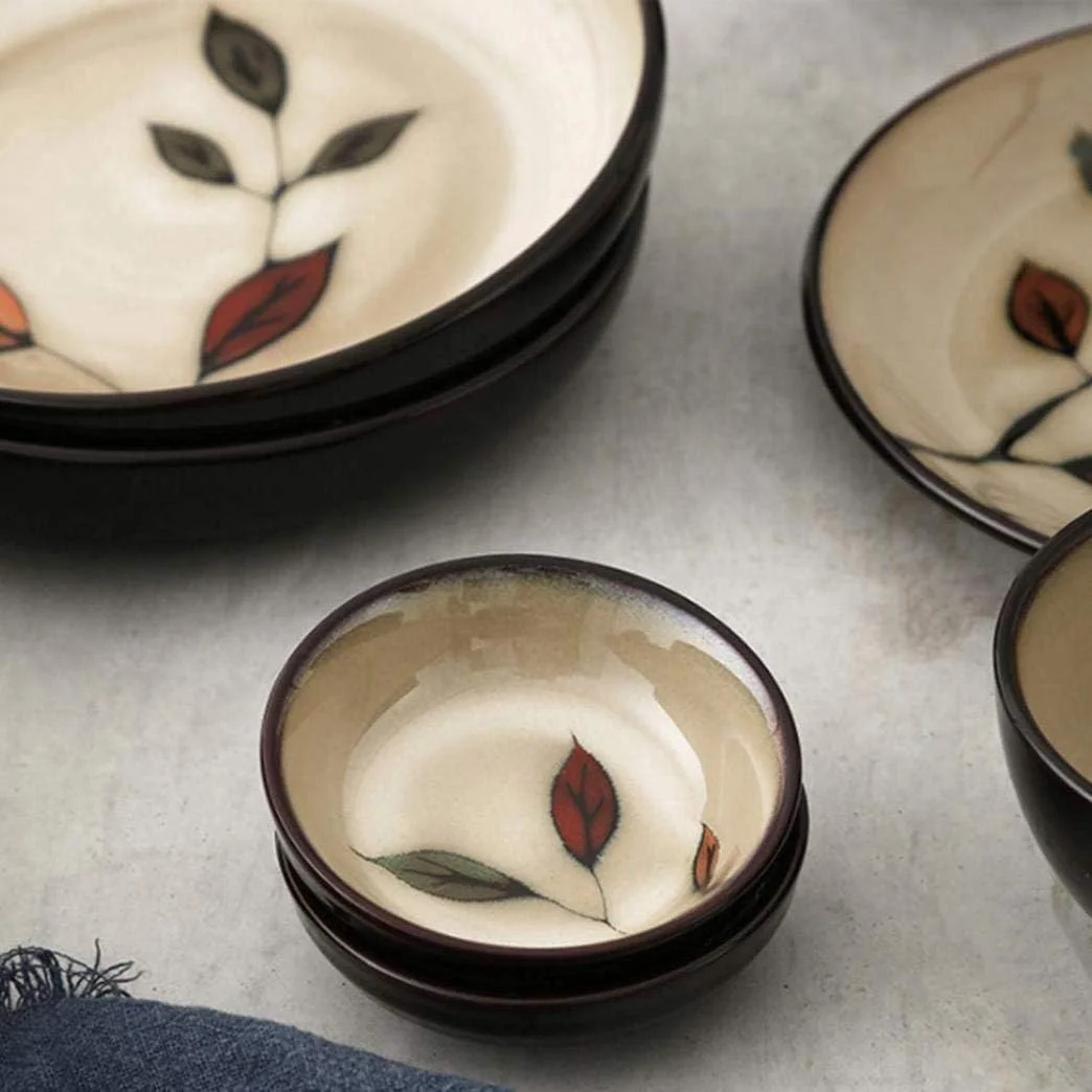 ست ظروف سفالی شام، ظروف غذاخوری طرح برگ قدیمی، ست ظروف چینی 18 تکه شامل بشقاب و کاسه ست ظروف سفالی شام، ظروف غذاخوری طرح برگ قدیمی، ست ظروف چینی 18 تکه شامل بشقاب و کاسه