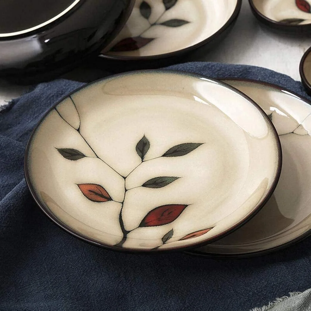 ست ظروف سفالی شام، ظروف غذاخوری طرح برگ قدیمی، ست ظروف چینی 18 تکه شامل بشقاب و کاسه ست ظروف سفالی شام، ظروف غذاخوری طرح برگ قدیمی، ست ظروف چینی 18 تکه شامل بشقاب و کاسه