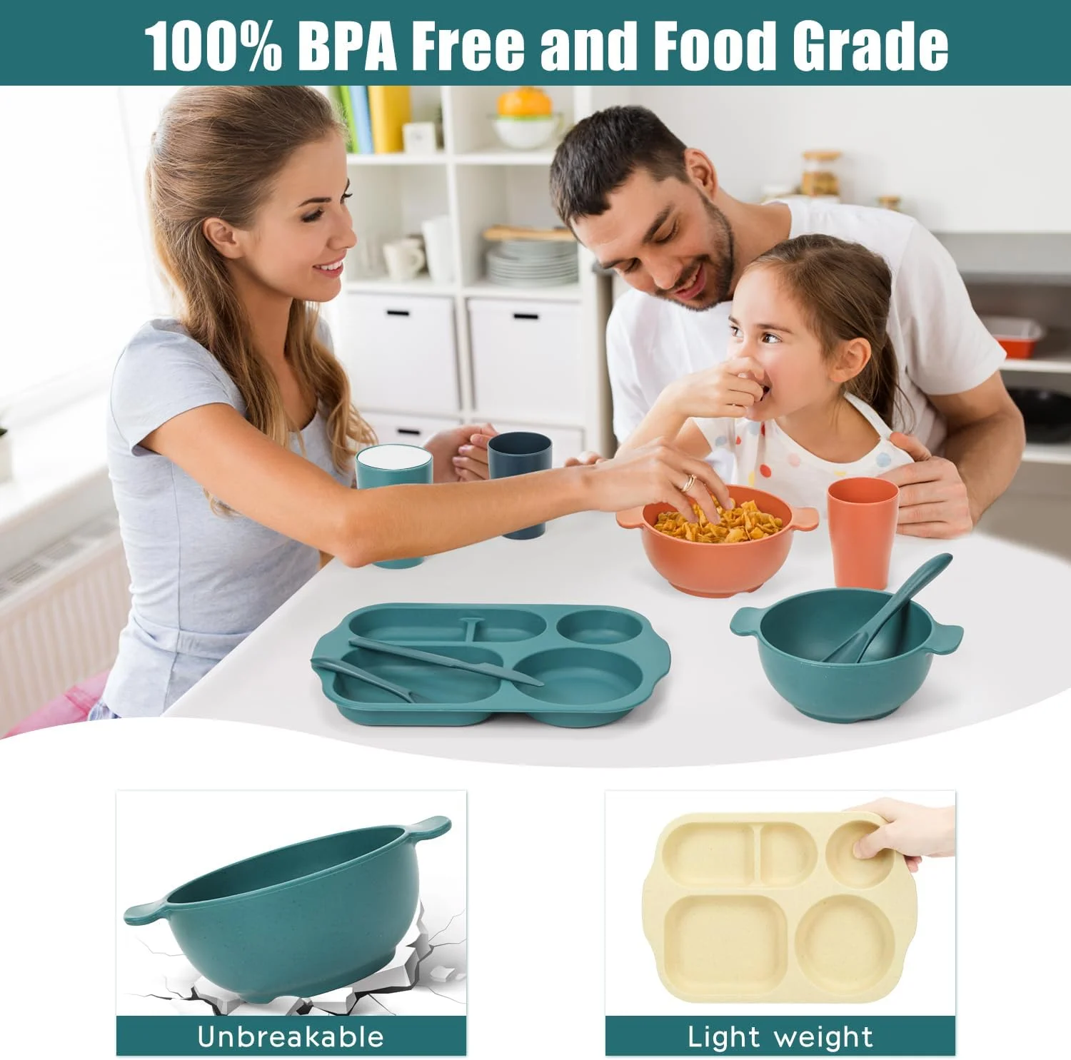 ست ظروف غذاخوری 24 تکه راتولی از جنس کاه گندم برای کودکان و نوپا شامل بشقاب، کاسه و فنجان، نشکن، بدون BPA، مناسب برای مایکروویو و ماشین ظرفشویی، ایده آل برای خانه، مدرسه و پیک نیک