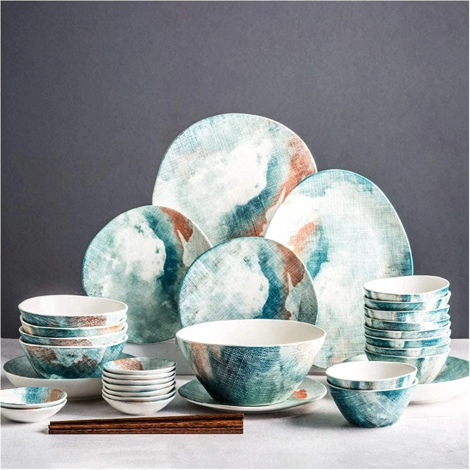 سرویس غذاخوری 30 پارچه مناسب رستوران لوکس و منزل، سرویس ظروف غذاخوری برای 8 نفر، طرح آبرنگ تقلیدی، بشقاب و کاسه های چینی