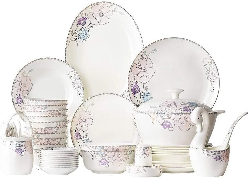ست غذاخوری شیک برای رستوران و منزل، ست ظروف سرامیکی 50 پارچه، ست های کاسه/بشقاب/قابلمه سوپ/قاشق، ست ترکیبی ظروف چینی با طرح گل بنفش
