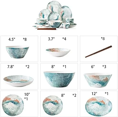 سرویس غذاخوری 30 پارچه مناسب رستوران لوکس و منزل، سرویس ظروف غذاخوری برای 8 نفر، طرح آبرنگ تقلیدی، بشقاب و کاسه های چینی