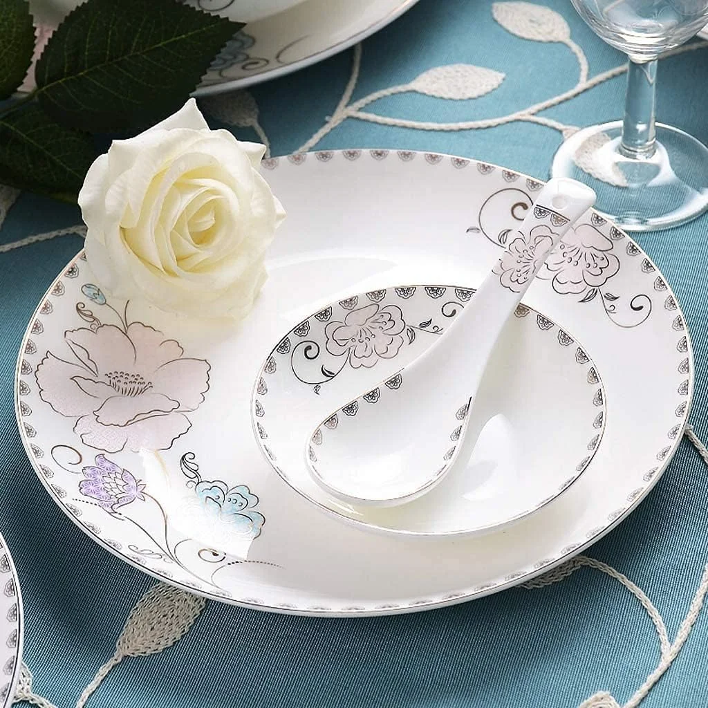 ست غذاخوری شیک برای رستوران و منزل، ست ظروف سرامیکی 50 پارچه، ست های کاسه/بشقاب/قابلمه سوپ/قاشق، ست ترکیبی ظروف چینی با طرح گل بنفش