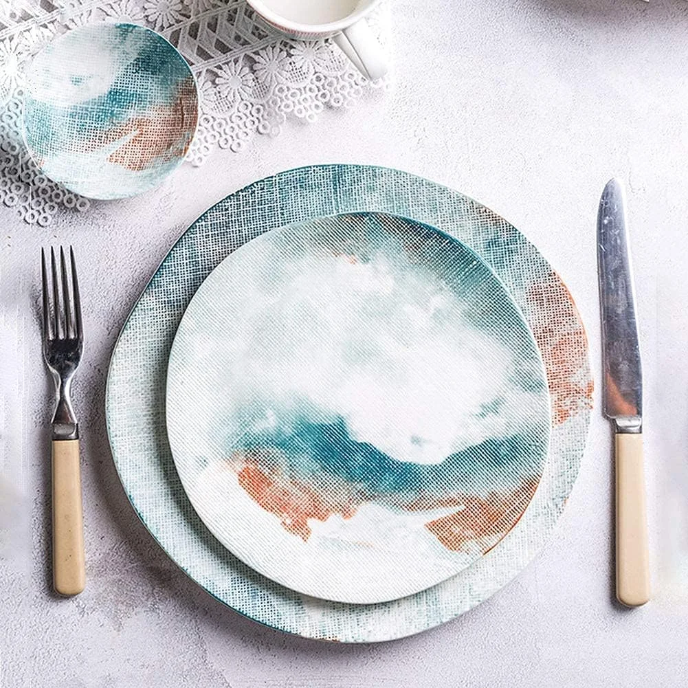سرویس غذاخوری 30 پارچه مناسب رستوران لوکس و منزل، سرویس ظروف غذاخوری برای 8 نفر، طرح آبرنگ تقلیدی، بشقاب و کاسه های چینی