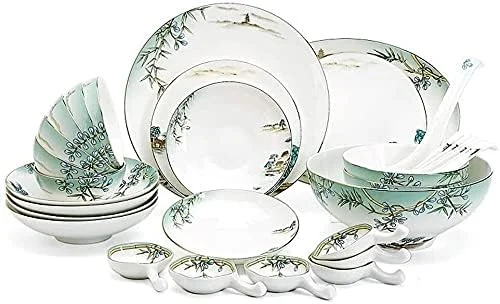 سرویس غذاخوری، سرویس ظروف غذاخوری رستورانی ویژه، سرویس ظروف غذاخوری سرامیکی 32 تکه، کاسه/بشقاب/قاشق | سرویس های غذاخوری چینی استخوانی، ترکیب ظروف چینی طرح ضیافت دریاچه غربی