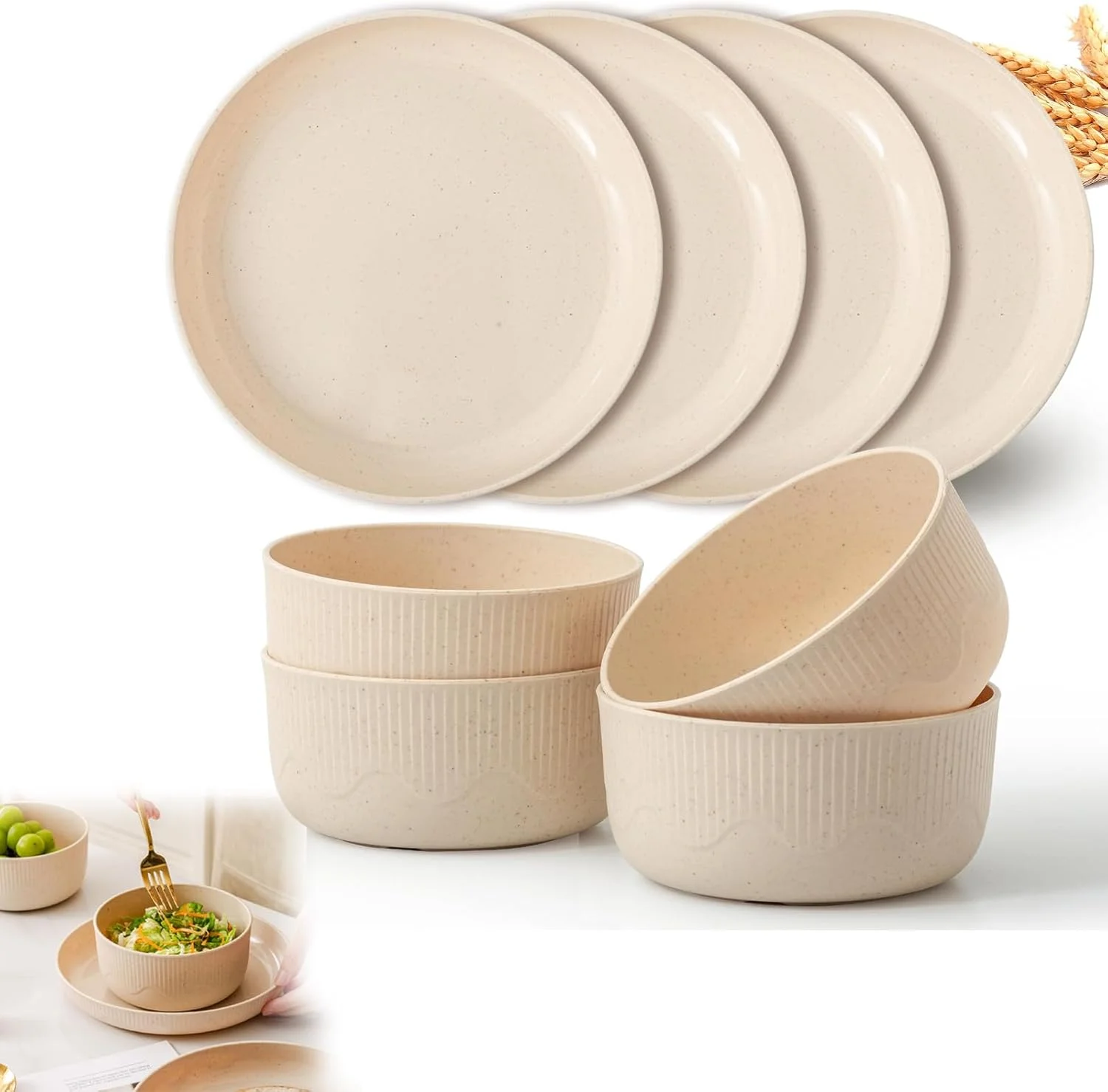 ست بشقاب و کاسه کاه گندم، ست ظروف غذاخوری پلاستیکی 8 تکه قابل استفاده مجدد، قابل استفاده در مایکروویو و ماشین ظرفشویی، ست ظروف نشکن برای RV، کمپینگ، پیک نیک، خوابگاه (بژ) ست بشقاب و کاسه کاه گندم، ست ظروف غذاخوری پلاستیکی 8 تکه قابل استفاده مجدد، قابل استفاده در مایکروویو و ماشین ظرفشویی، ست ظروف نشکن برای RV، کمپینگ، پیک نیک، خوابگاه (بژ)