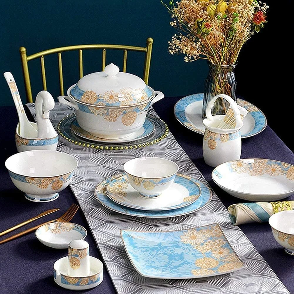 سرویس غذاخوری برای رستوران لوکس و منزل، سرویس ظروف غذاخوری لوکس چینی، ست 60 پارچه ظروف سرامیکی دست ساز کاخ چینی