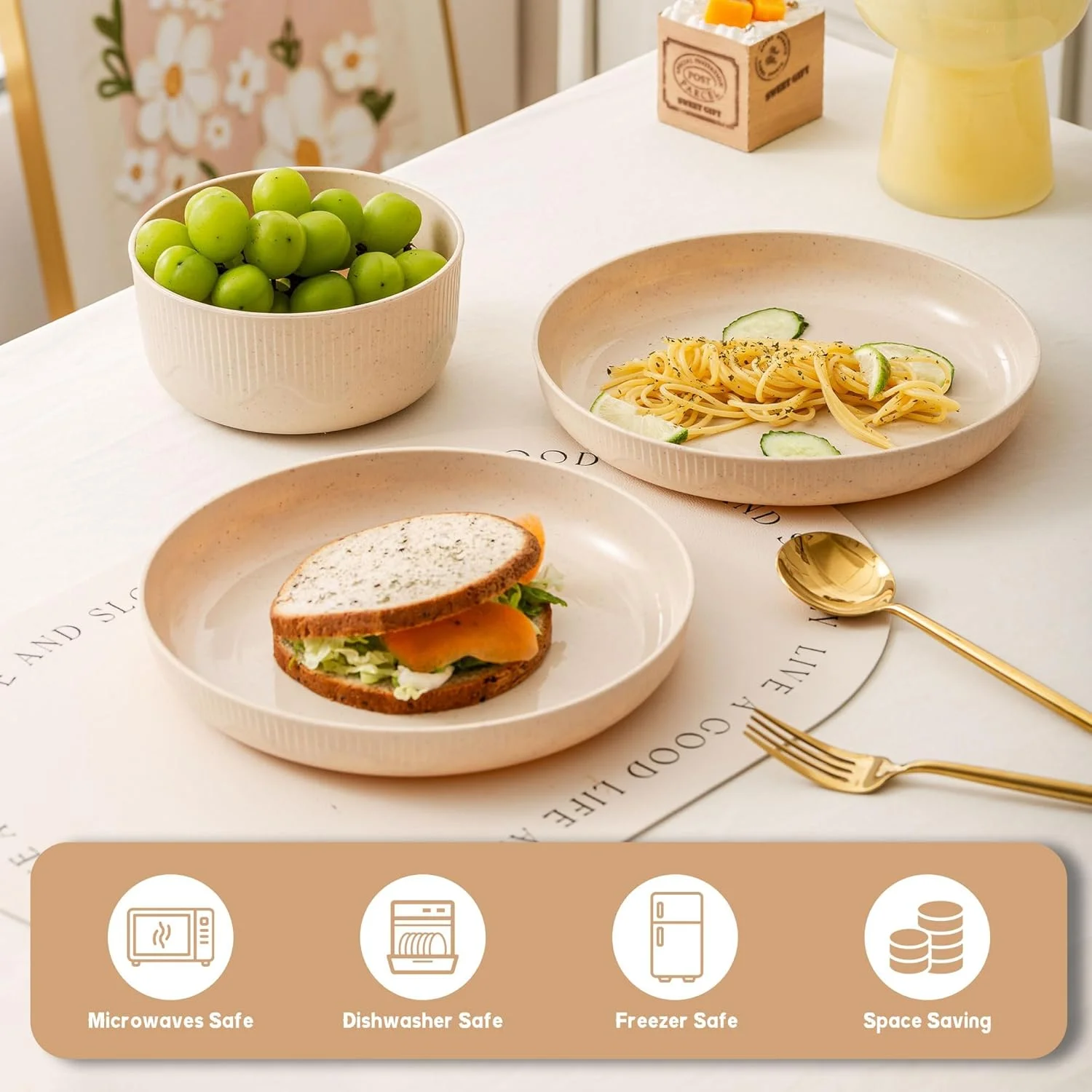 ست بشقاب و کاسه کاه گندم، ست ظروف غذاخوری پلاستیکی 8 تکه قابل استفاده مجدد، قابل استفاده در مایکروویو و ماشین ظرفشویی، ست ظروف نشکن برای RV، کمپینگ، پیک نیک، خوابگاه (بژ) ست بشقاب و کاسه کاه گندم، ست ظروف غذاخوری پلاستیکی 8 تکه قابل استفاده مجدد، قابل استفاده در مایکروویو و ماشین ظرفشویی، ست ظروف نشکن برای RV، کمپینگ، پیک نیک، خوابگاه (بژ)