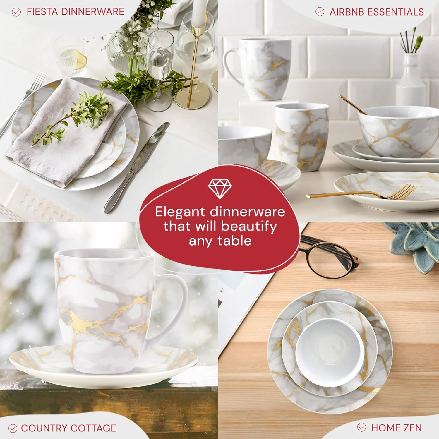 سرویس ظروف مرمری طلایی Safdie & Co. - ست های مدرن 16 پارچه ظروف غذاخوری، مناسب برای استفاده در داخل و خارج از منزل، شامل بشقاب، کاسه و لیوان، قابل شستشو در ماشین ظرفشویی سرویس ظروف مرمری طلایی Safdie & Co. - ست های مدرن 16 پارچه ظروف غذاخوری، مناسب برای استفاده در داخل و خارج از منزل، شامل بشقاب، کاسه و لیوان، قابل شستشو در ماشین ظرفشویی