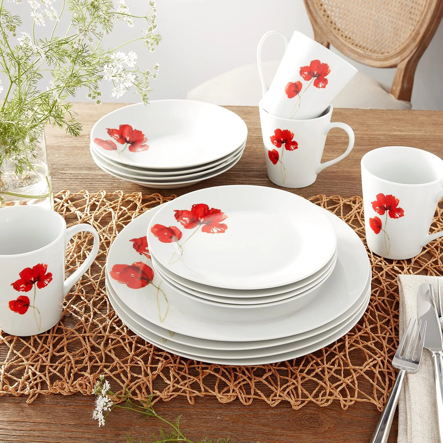 سرویس غذاخوری چینی استخوانی روبی پاپی Safdie & Co. HK01927 با لبه گرد، سفید سرویس غذاخوری چینی استخوانی روبی پاپی Safdie & Co. HK01927 با لبه گرد، سفید